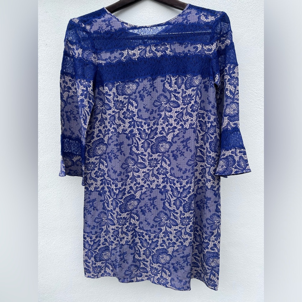 NEW - REBECCA TAYLOR 100% Silk Mini Shift Dress Lace Detail Blue - Size 2